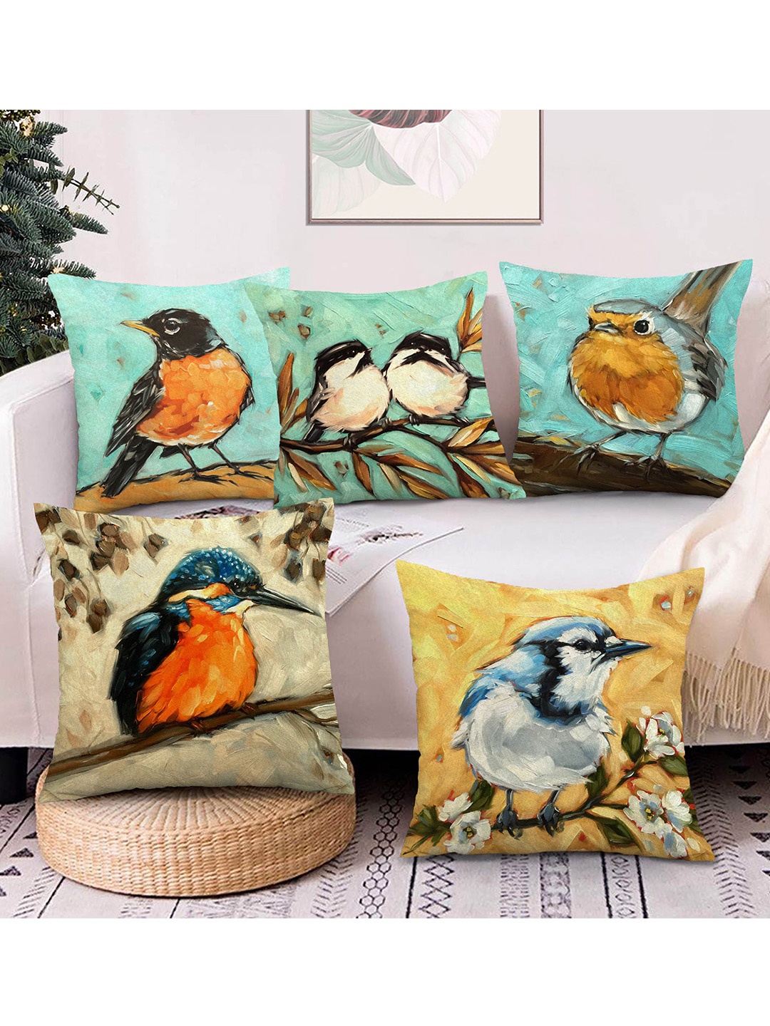 

AEROHAVEN Green & Orange 5 Pieces Quirky Velvet Square Cushion Covers