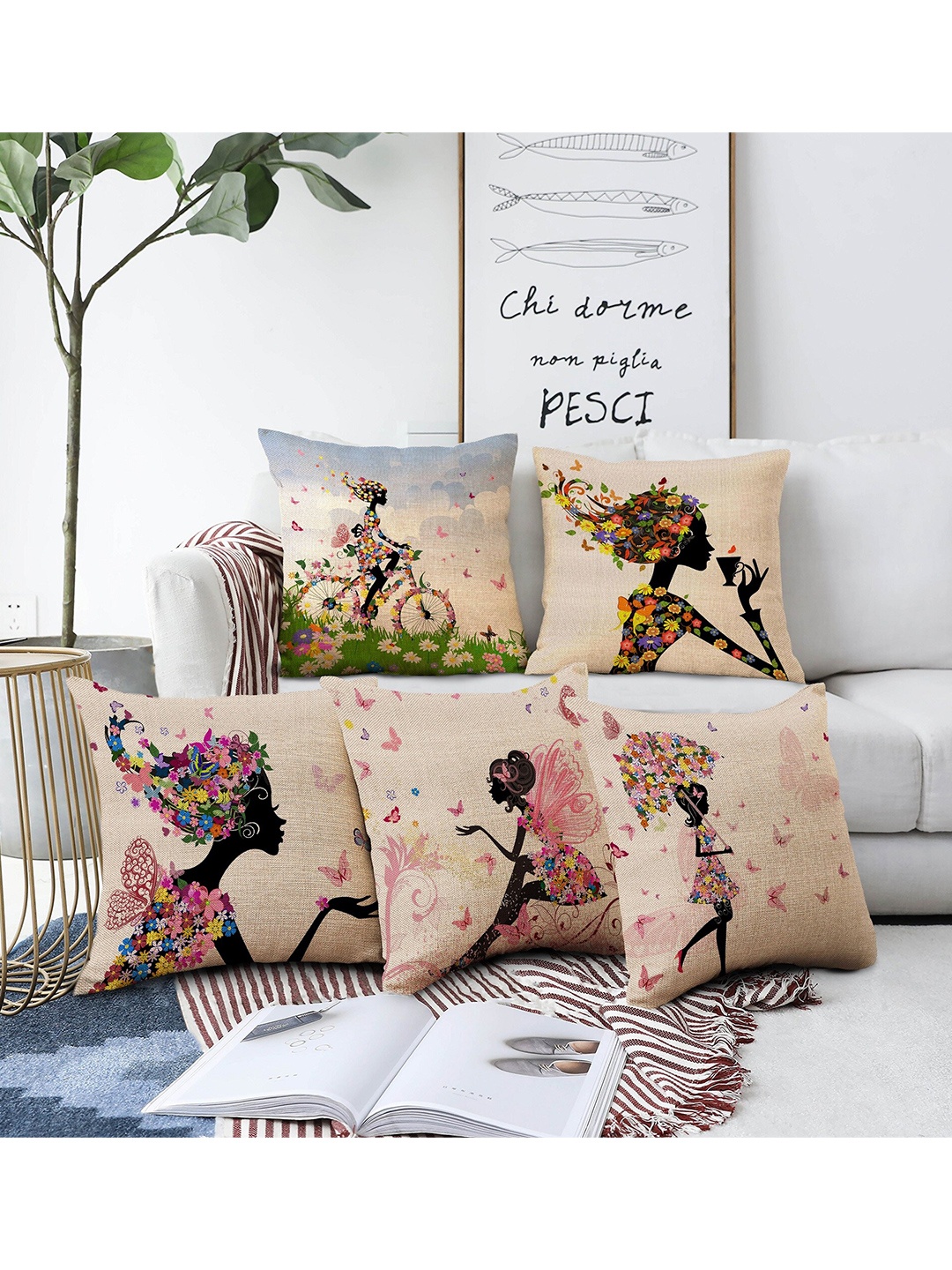 

AEROHAVEN Beige & Pink 5 Pieces Quirky Printed Square Cushion Covers