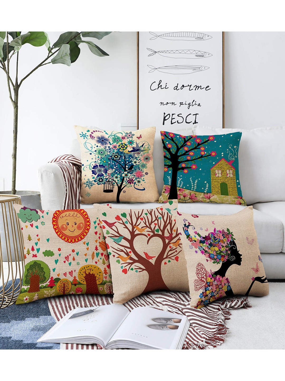 

AEROHAVEN Beige & Multicoloured Set of 5 Digital Printed Quirky Square Cushion Covers