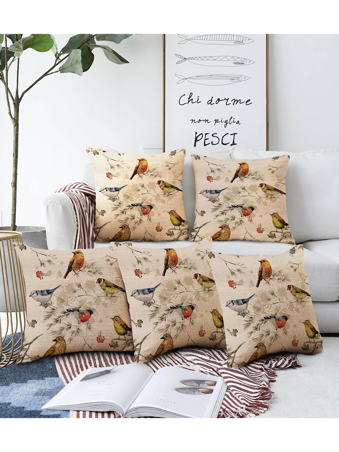 

AEROHAVEN Beige & Yellow 5 Pieces Quirky Printed Square Cushion Covers