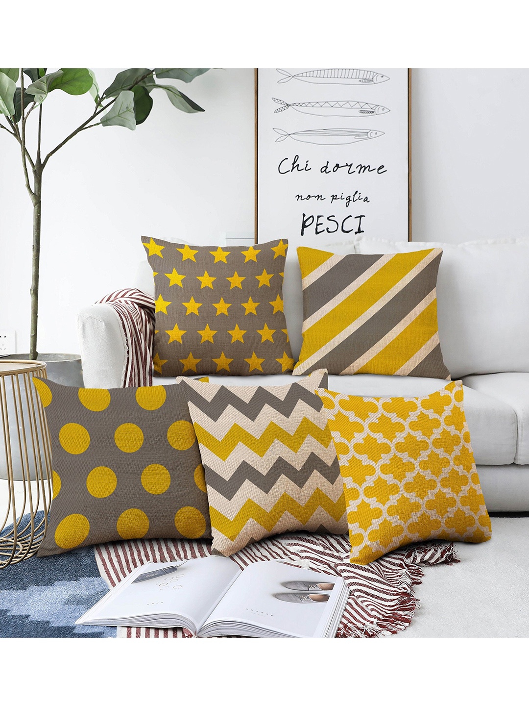 

AEROHAVEN Yellow & Off White 5 Pieces Geometric Square Cushion Covers