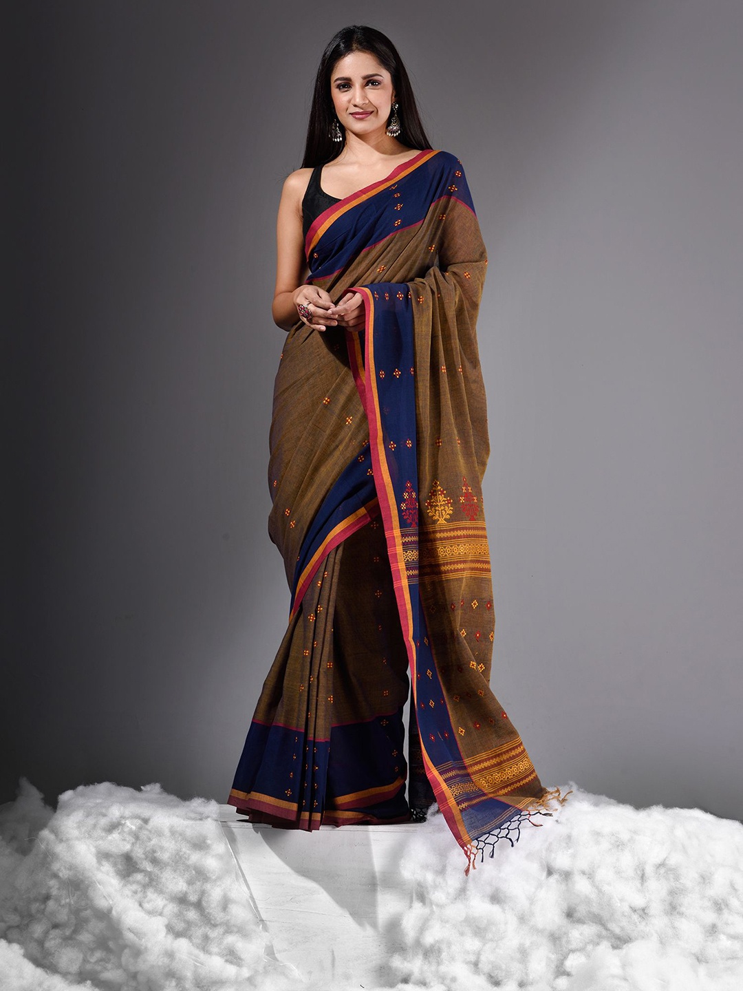 

Charukriti Green & Blue Ethnic Motifs Woven Design Pure Cotton Khadi Saree