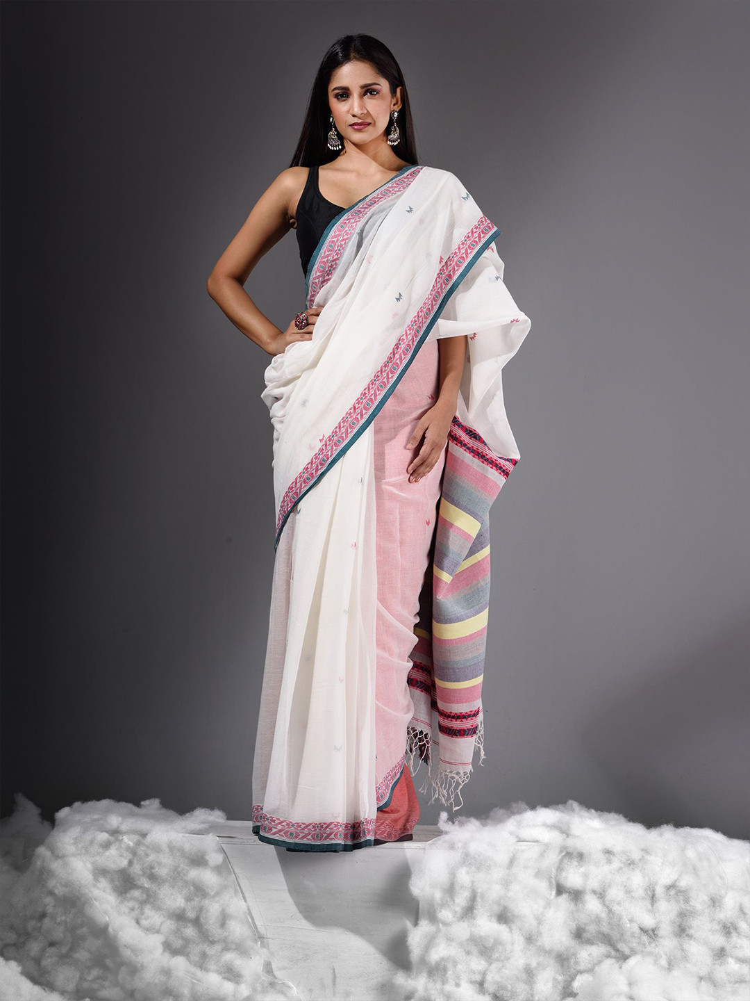 

Charukriti White & Multicoloured Ethnic Motifs Pure Cotton Khadi Saree