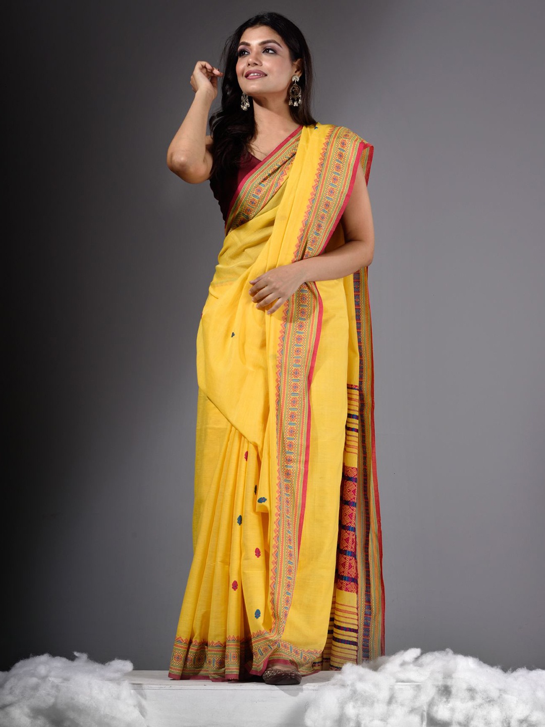 

Charukriti Yellow & Pink Woven Design Pure Cotton Khadi Saree