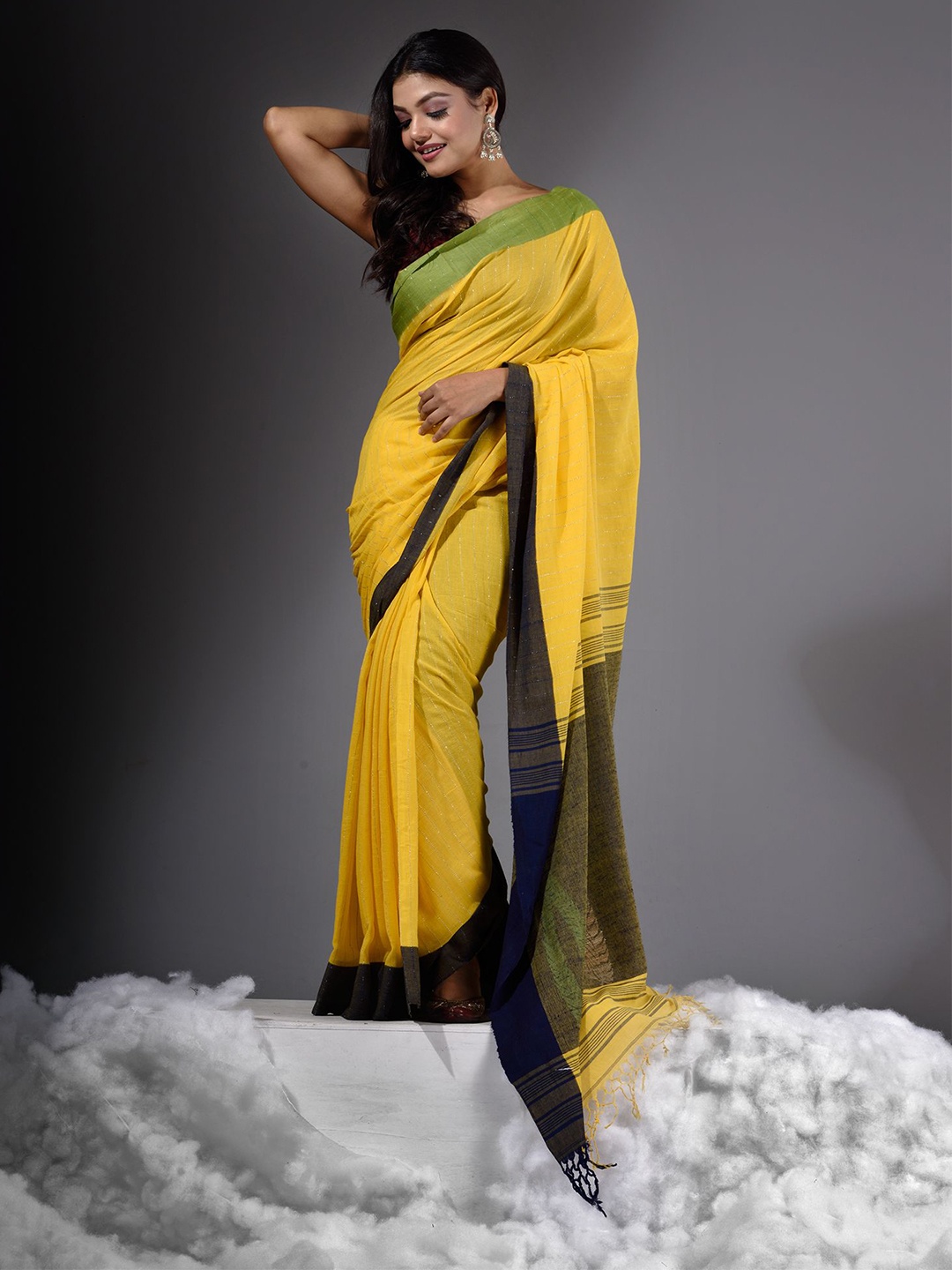 

Charukriti Yellow & Green Woven Design Pure Cotton Khadi Handloom Saree