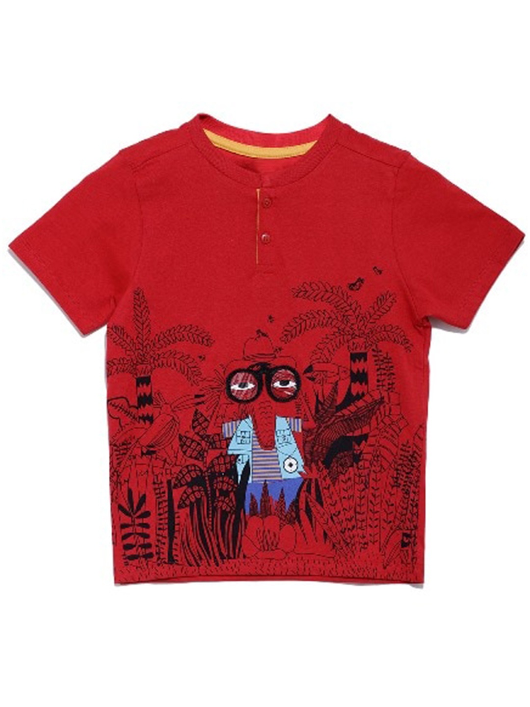 

UNDER FOURTEEN ONLY Boys Red & Black Printed Henley Neck Cotton T-shirt