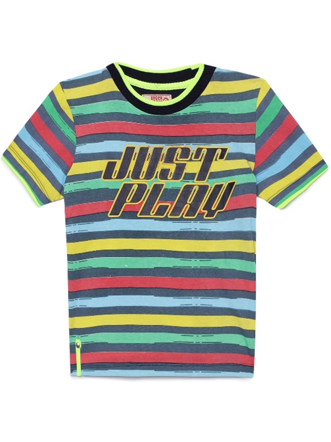 

UNDER FOURTEEN ONLY Boys Navy Blue & Yellow Striped Cotton T-shirt
