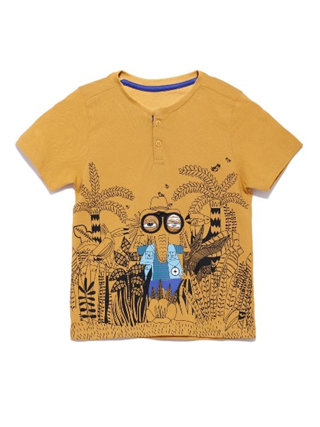 

UNDER FOURTEEN ONLY Boys Mustard Yellow Printed Henley Neck T-shirt