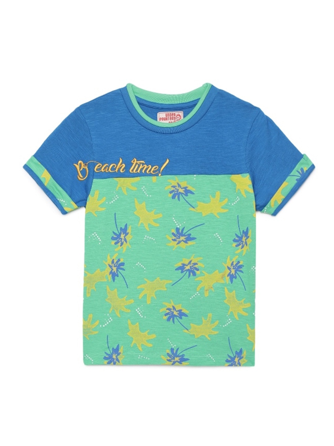 

UNDER FOURTEEN ONLY Boys Green & Blue Colorblocked Printed T-shirt