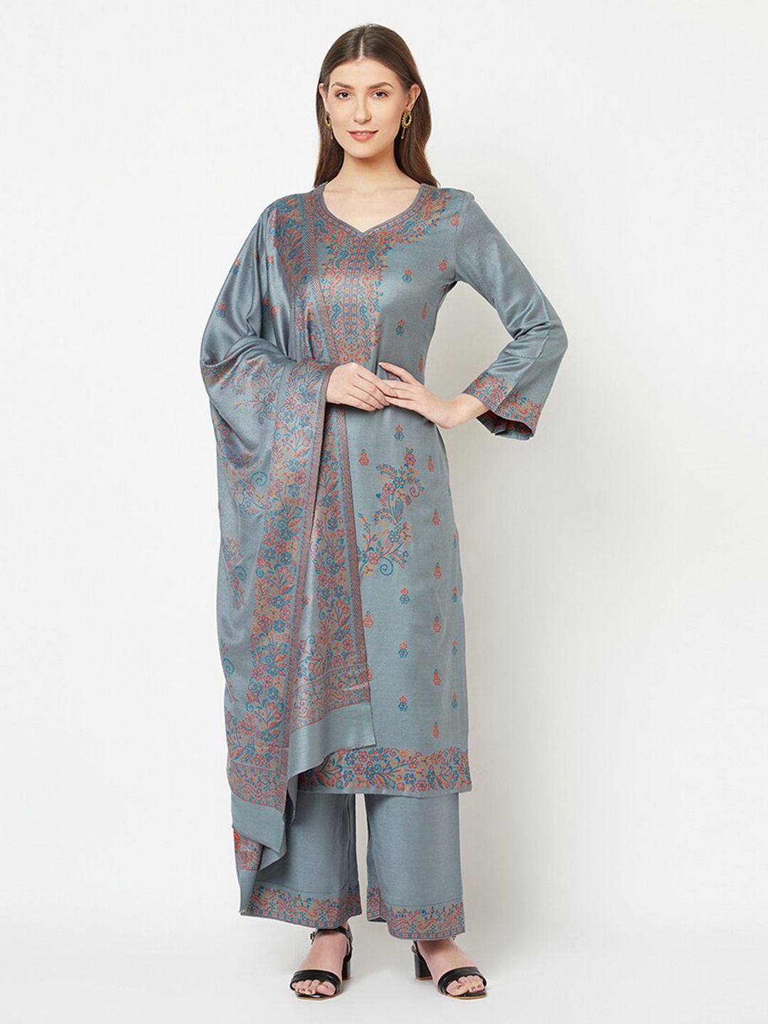 

Safaa Women Grey Woven Design Wool Unstitched Dress Material