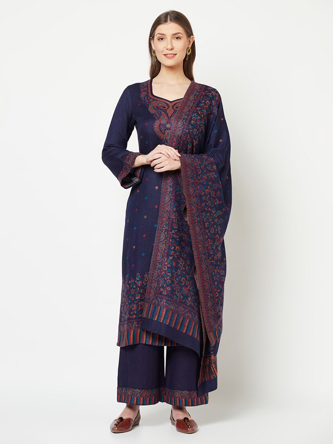 

Safaa Navy Blue & Red Winter Unstitched Dress Material