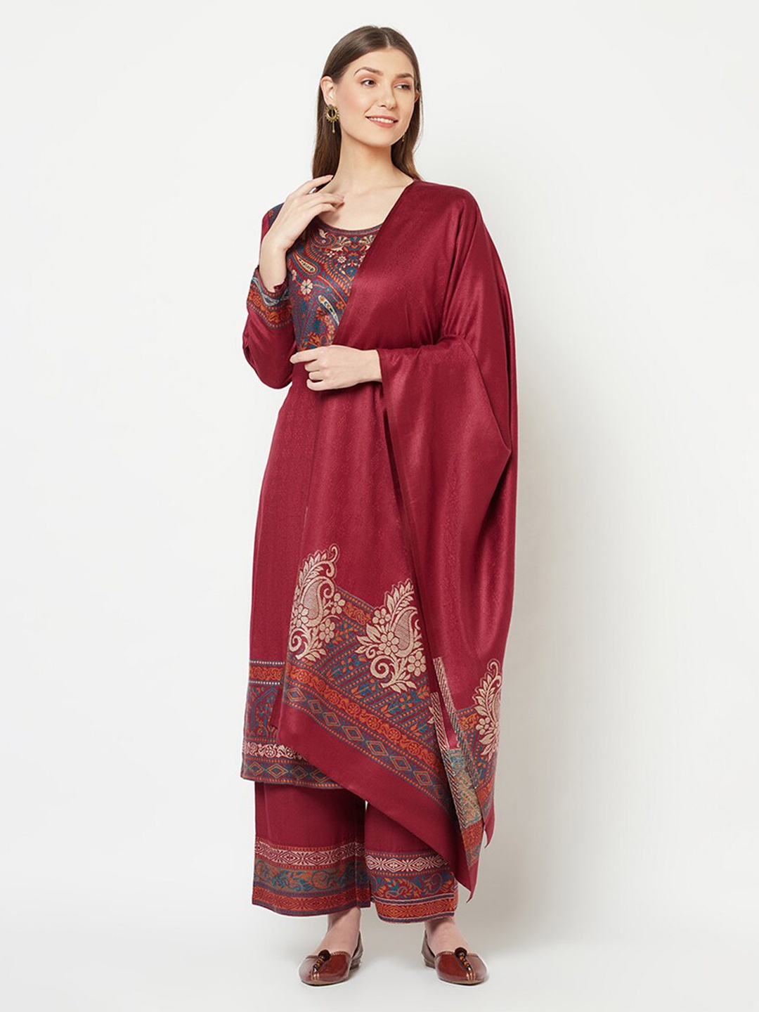 

Safaa Maroon & Blue Winter Unstitched Dress Material