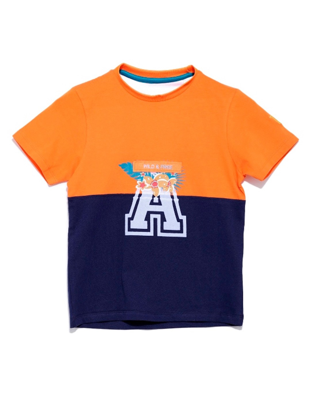 

UNDER FOURTEEN ONLY Boys Orange & Navy Blue Colourblocked Applique Cotton T-shirt