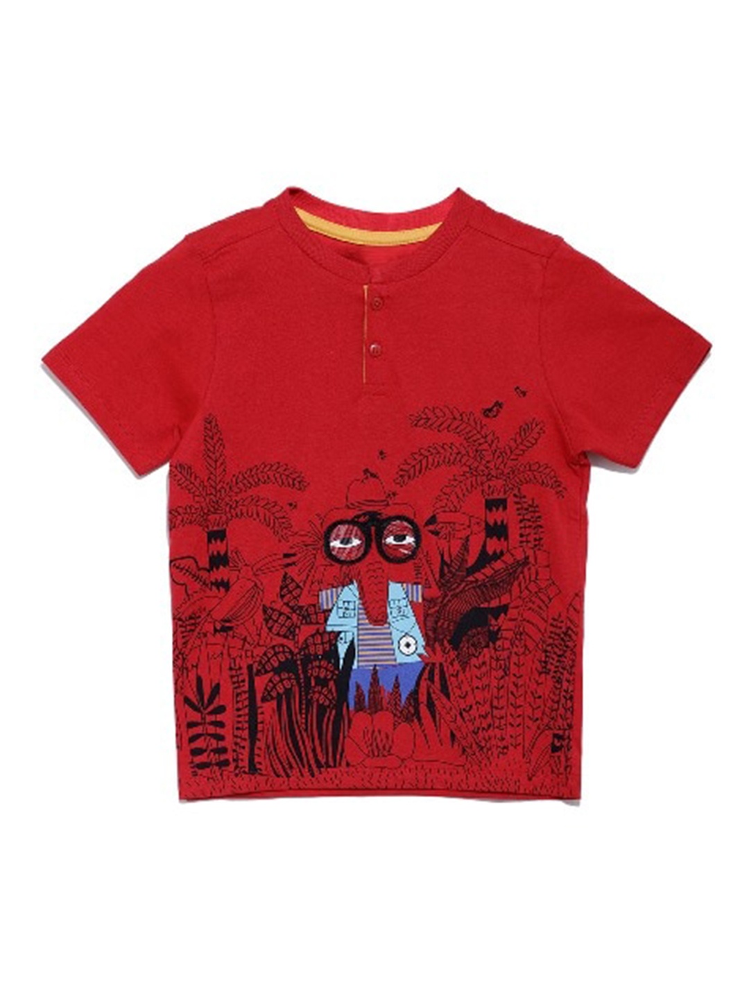 

UNDER FOURTEEN ONLY Boys Red & Black Printed Henley Neck Cotton T-shirt
