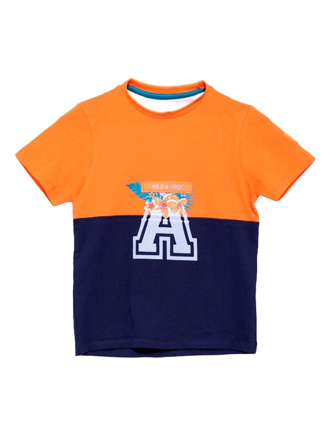 

UNDER FOURTEEN ONLY Boys Orange & Navy Blue Colourblocked Applique Cotton T-shirt