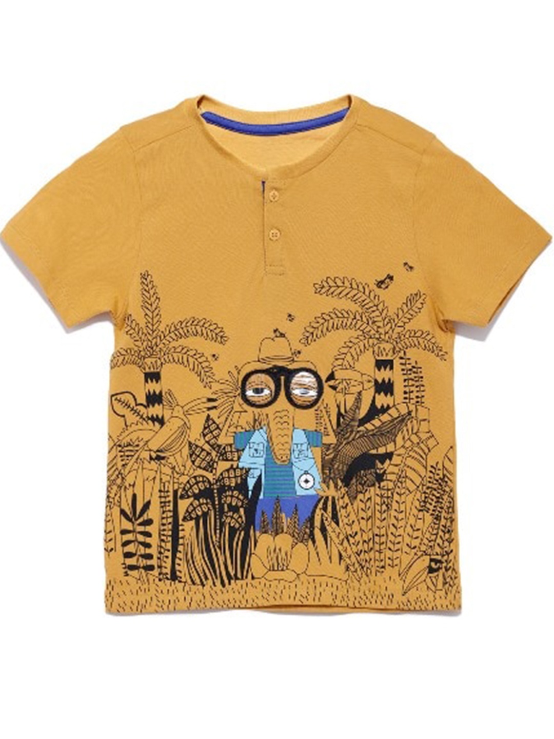 

UNDER FOURTEEN ONLY Boys Mustard Yellow Printed Henley Neck T-shirt