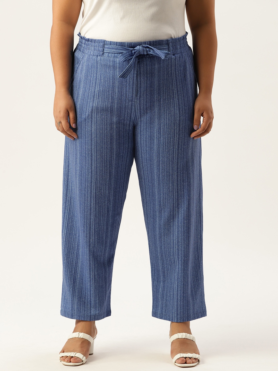 

Amydus Women Plus Size Blue Striped Denim Trousers