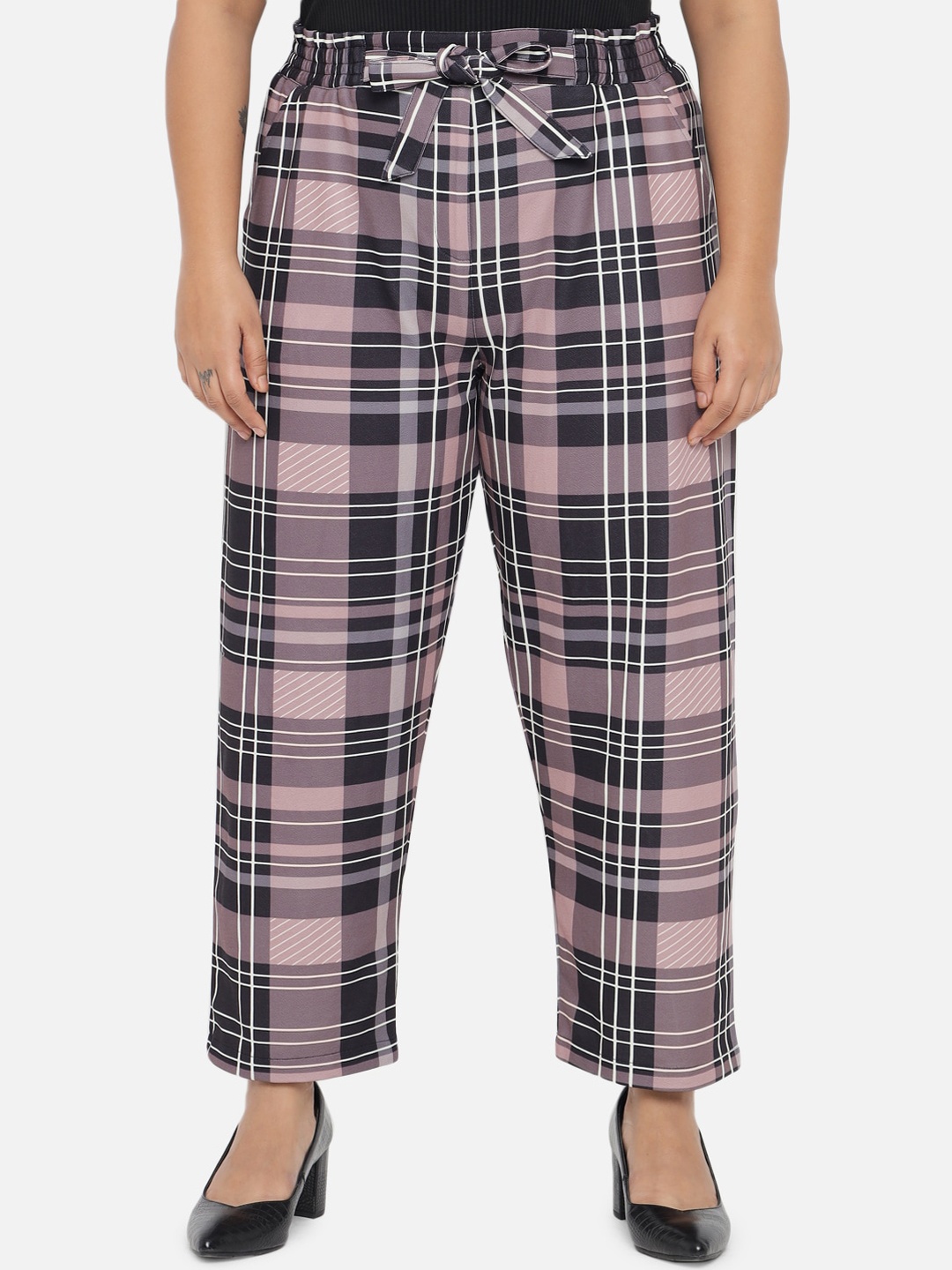 

Amydus Women Plus Size Pink Checked Trousers