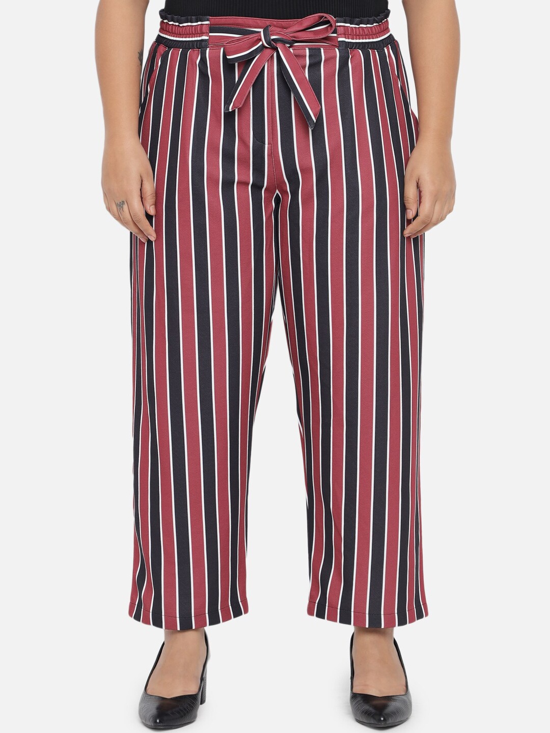 

Amydus Women Plus Size Red & Black Striped Parallel Trousers