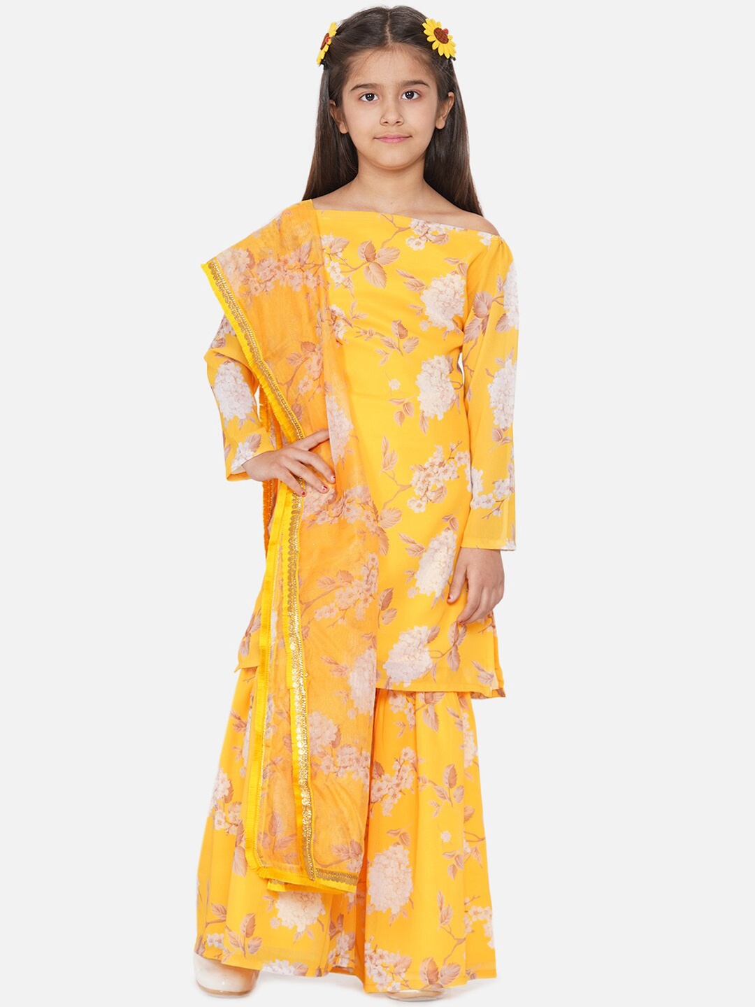 

titliyan Girls Yellow Floral Printed Kurti with Sharara & With Dupatta
