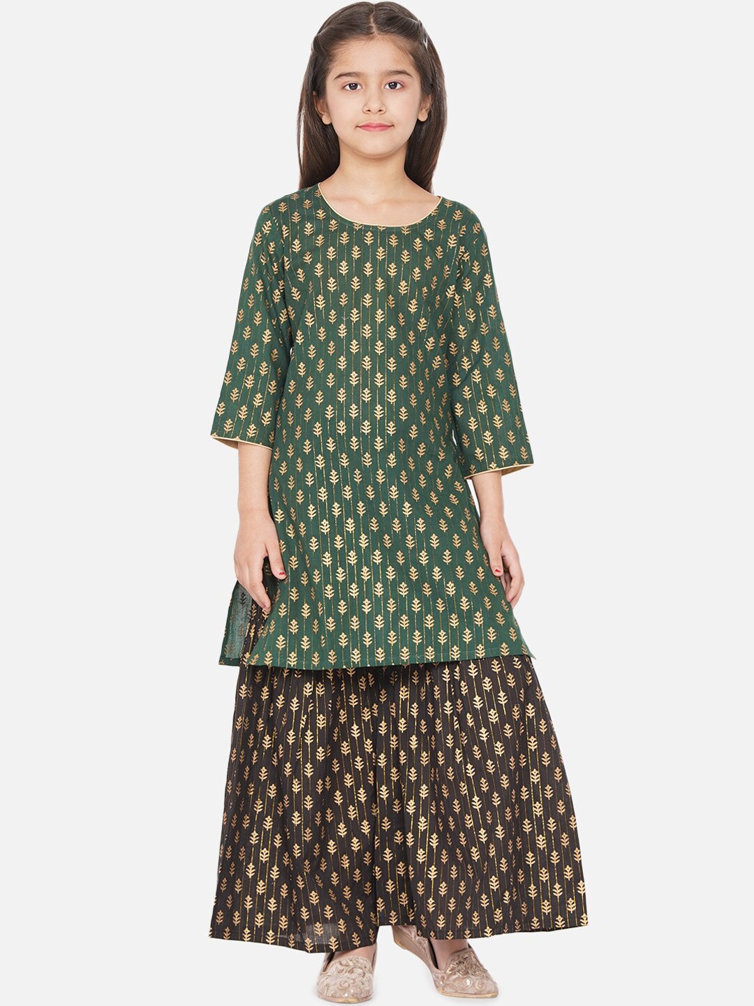 

titliyan Girls Green Ethnic Motifs Printed Pure Cotton Kurti with Sharara