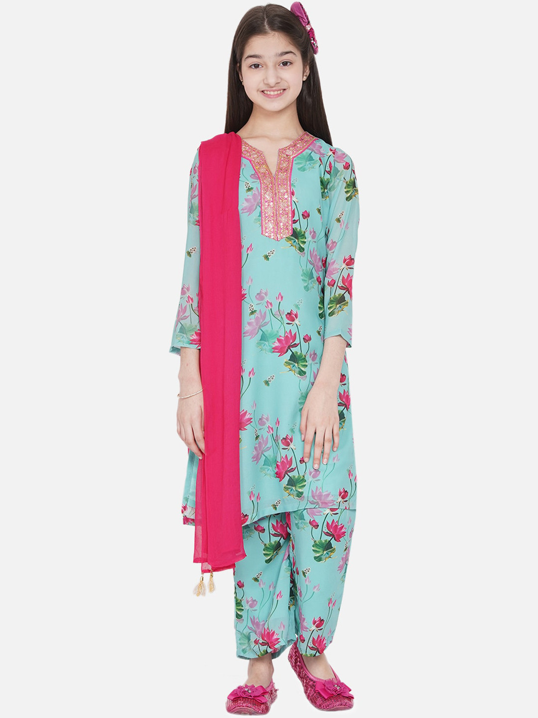 

titliyan Girls Blue Floral Printed Kurta with Palazzos & Dupatta
