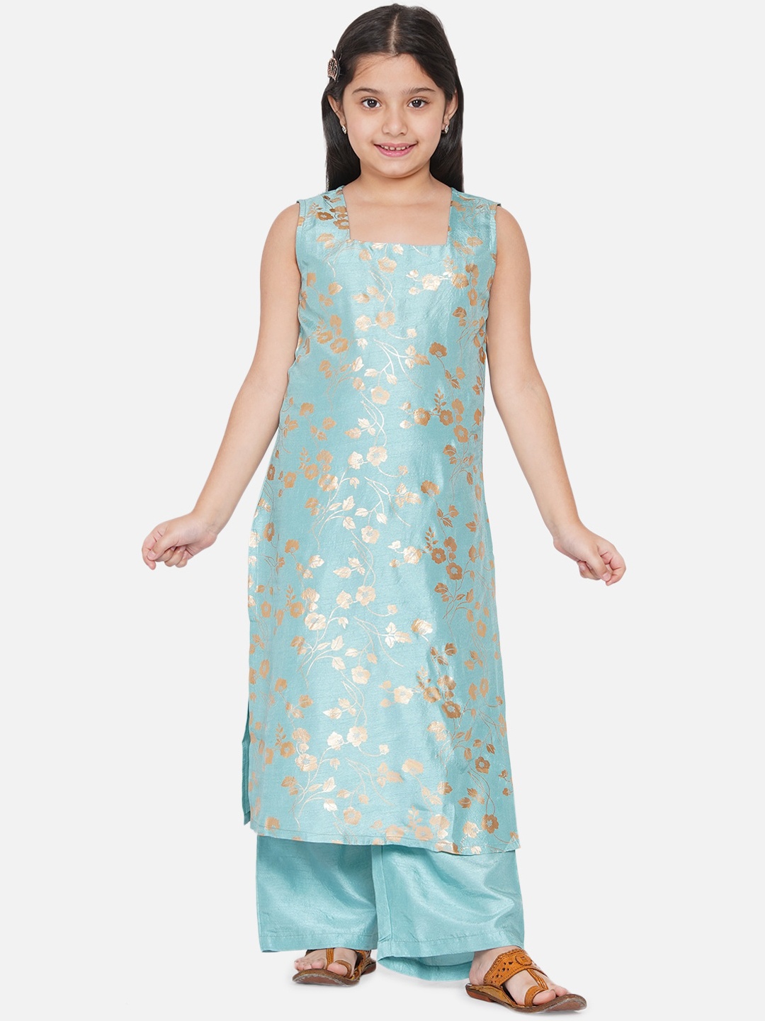 

titliyan Girls Blue Floral Printed Kurta with Palazzos