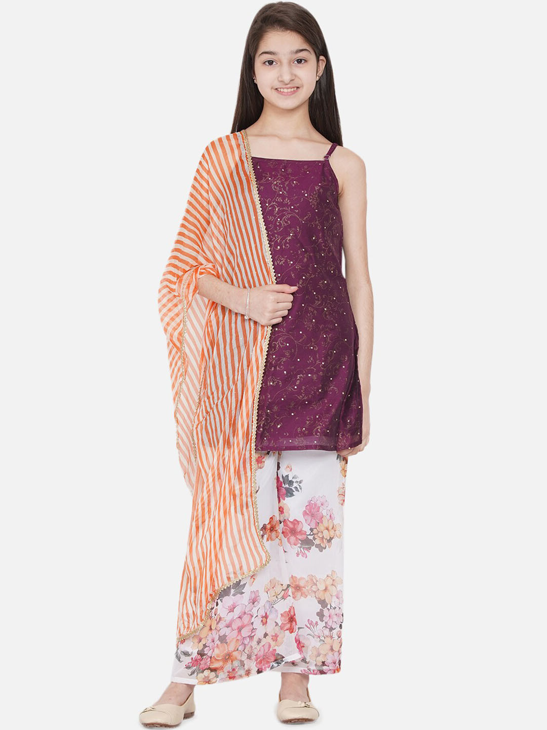 

titliyan Girls Purple Floral Printed Kurti with Palazzos & With Dupatta