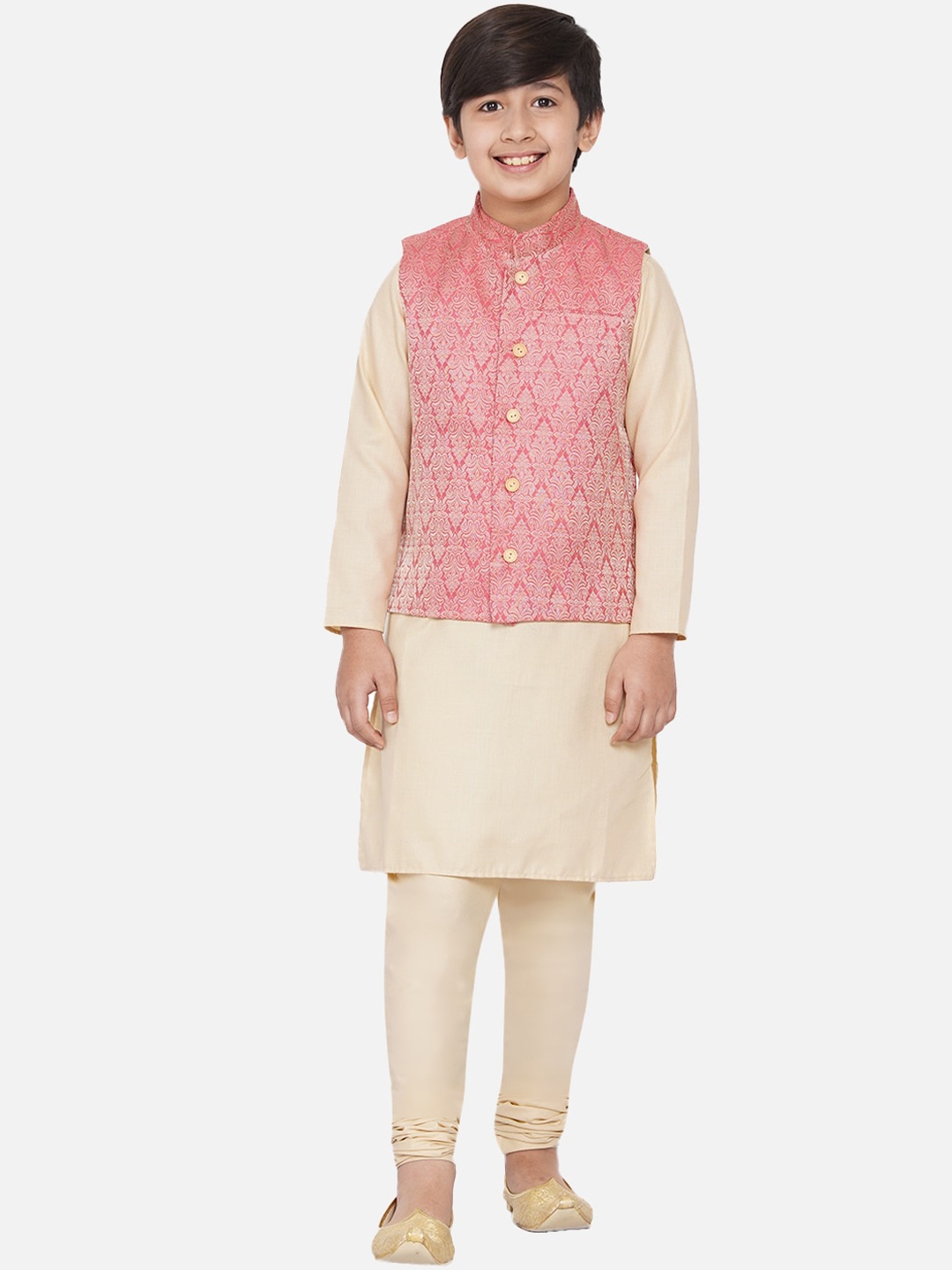 

titliyan Boys Beige Ethnic Motifs Pure Silk Kurta & Churidar With Nehru Jacket