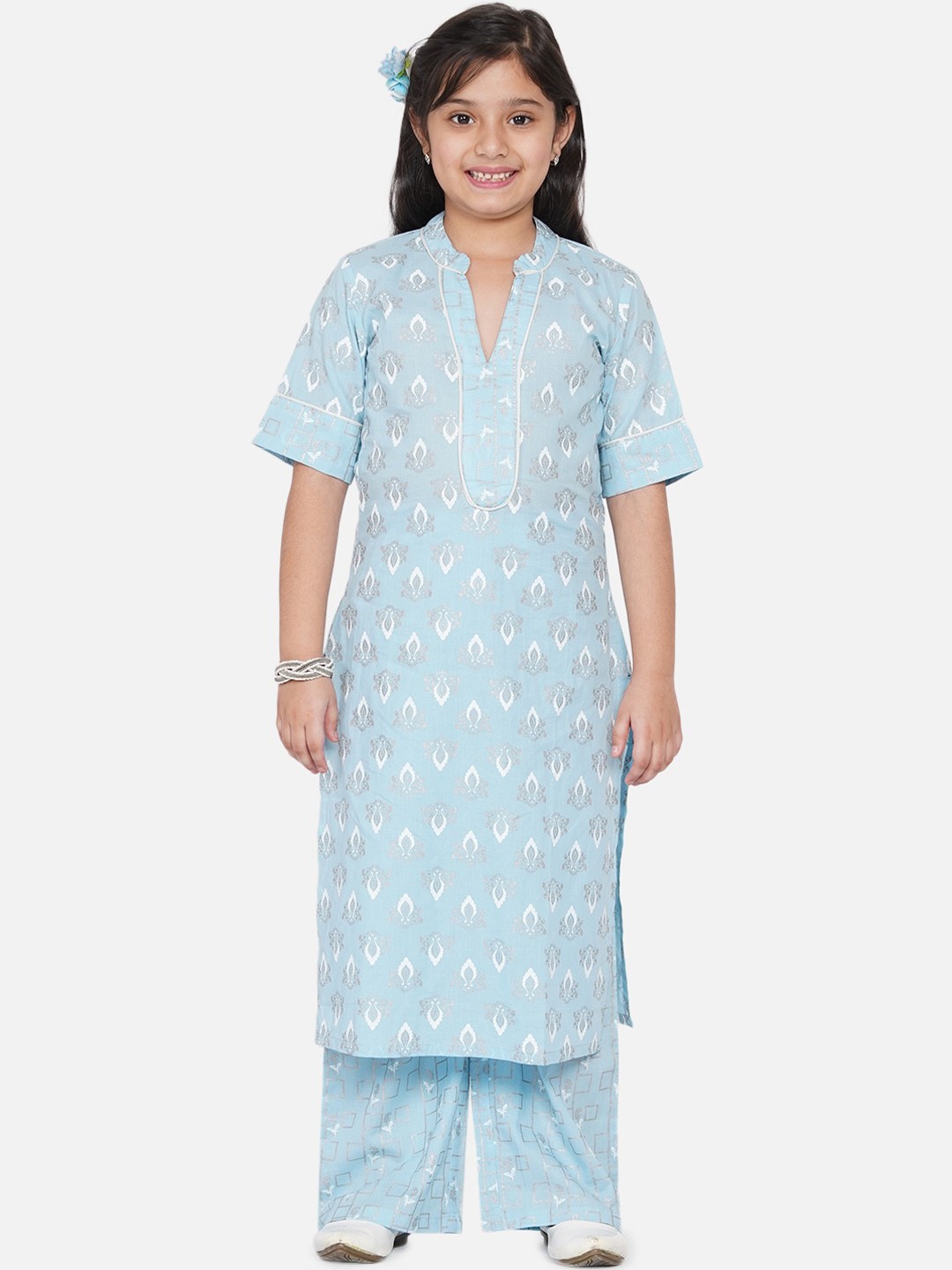 

titliyan Girls Blue Floral Printed Pure Cotton Kurta with Palazzos