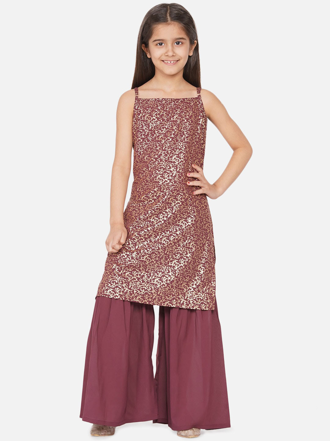 

titliyan Girls Burgundy Floral Printed Kurta with Sharara
