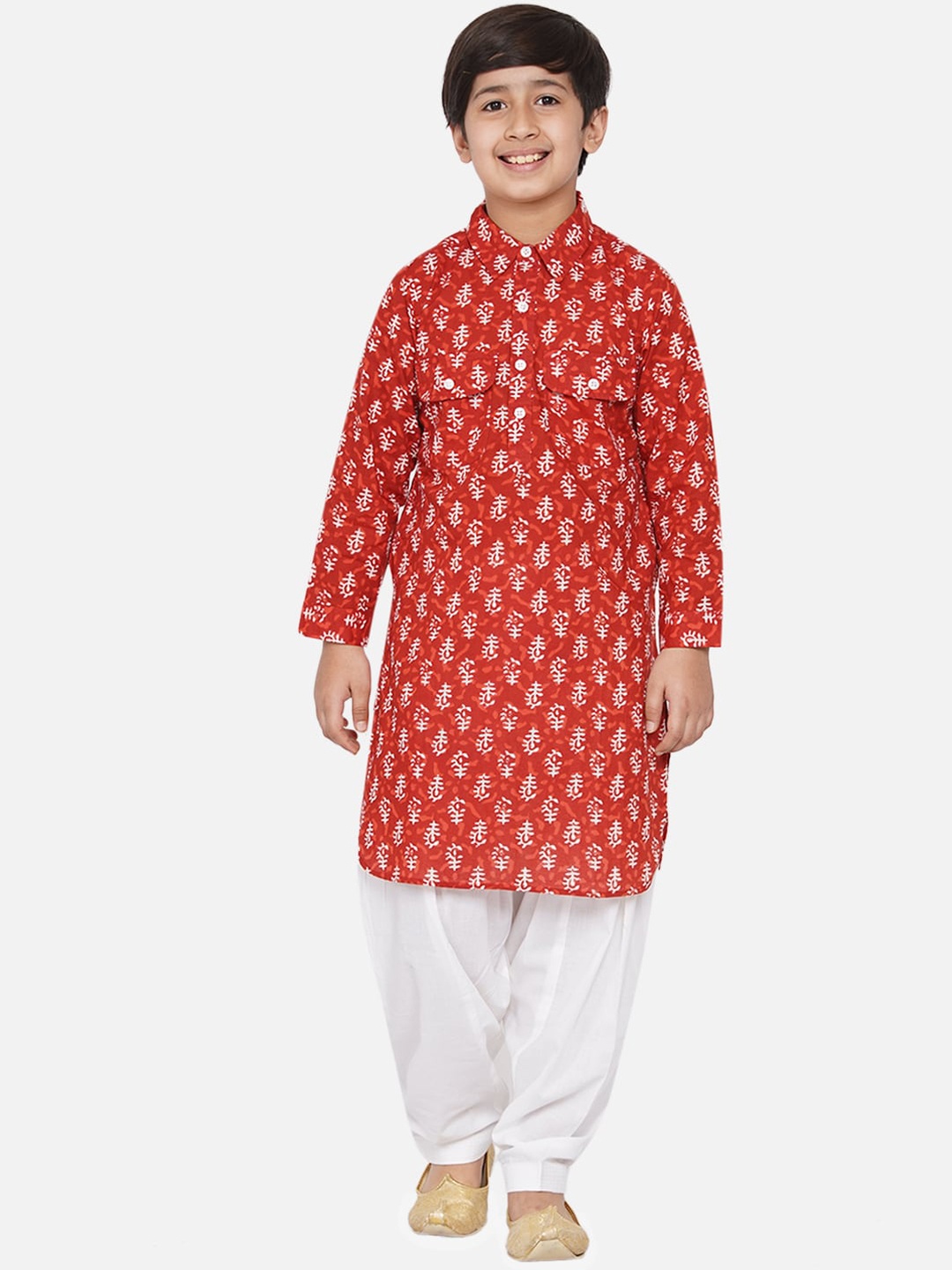 

titliyan Boys Red Floral Printed Pure Cotton Kurta with Salwar