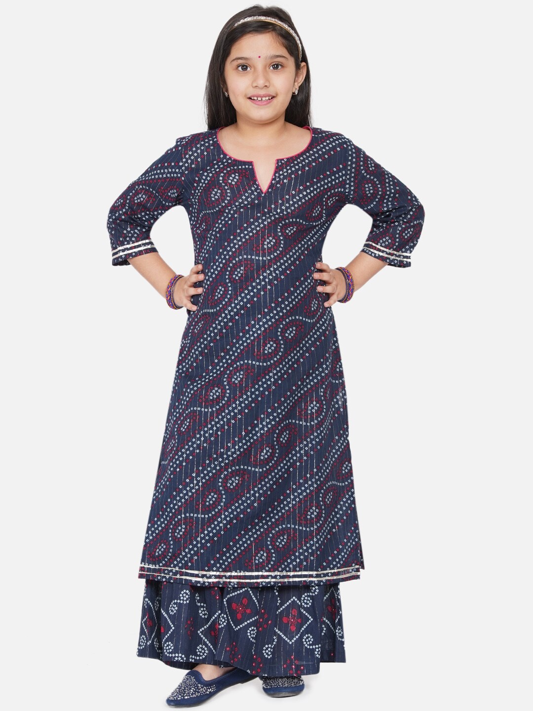 

titliyan Girls Navy Blue Bandhani Printed Pure Cotton Kurta with Palazzos