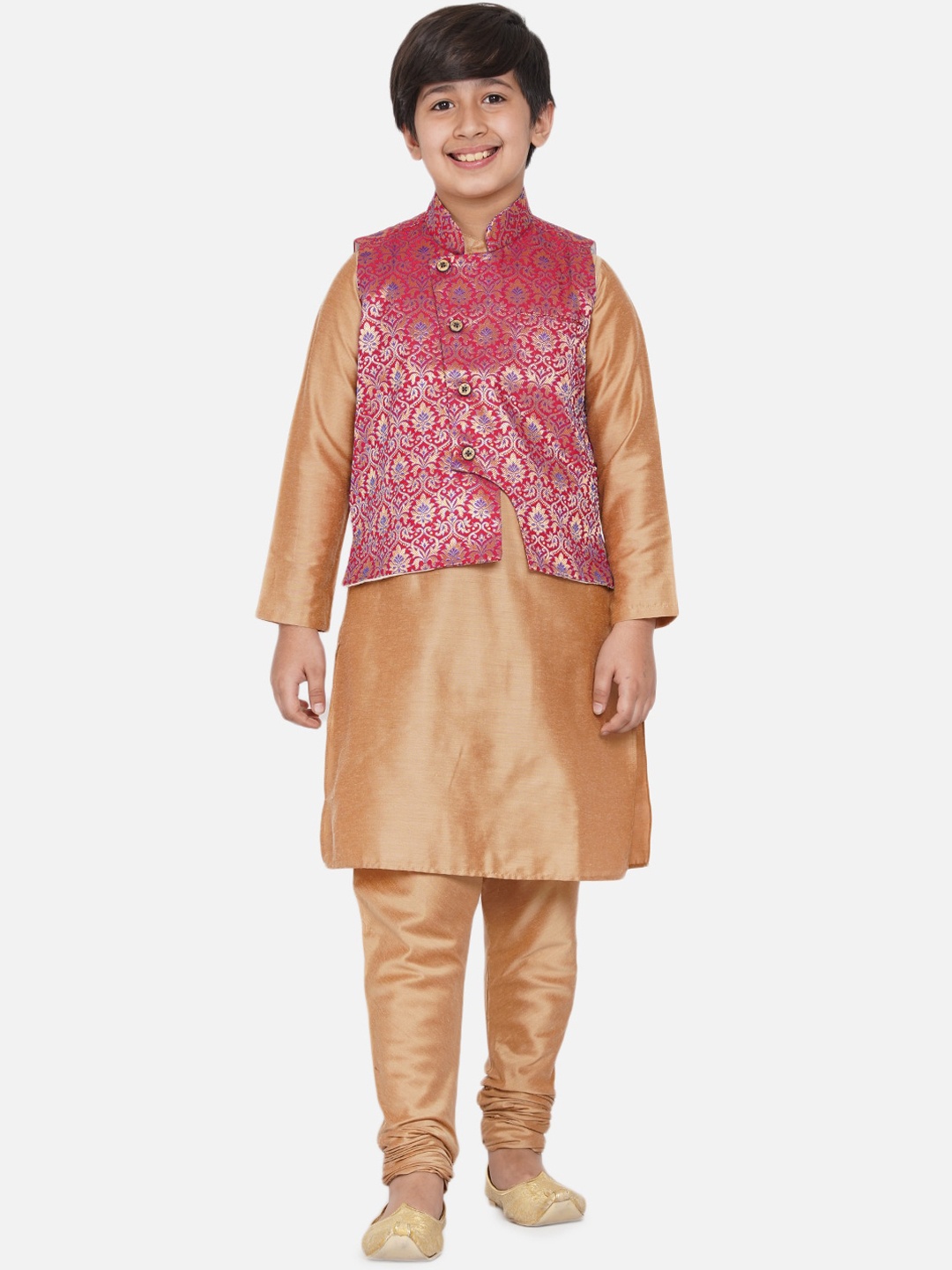 

titliyan Boys Red Floral Pure Silk Kurta & Churidar With Nehru Jacket