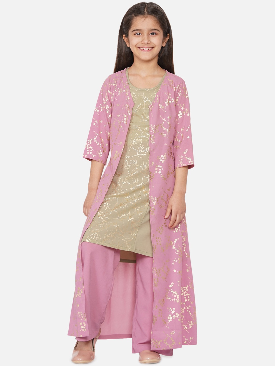 

titliyan Girls Mauve & Olive Foil Printed Layered Kurta with Palazzos & Jacket