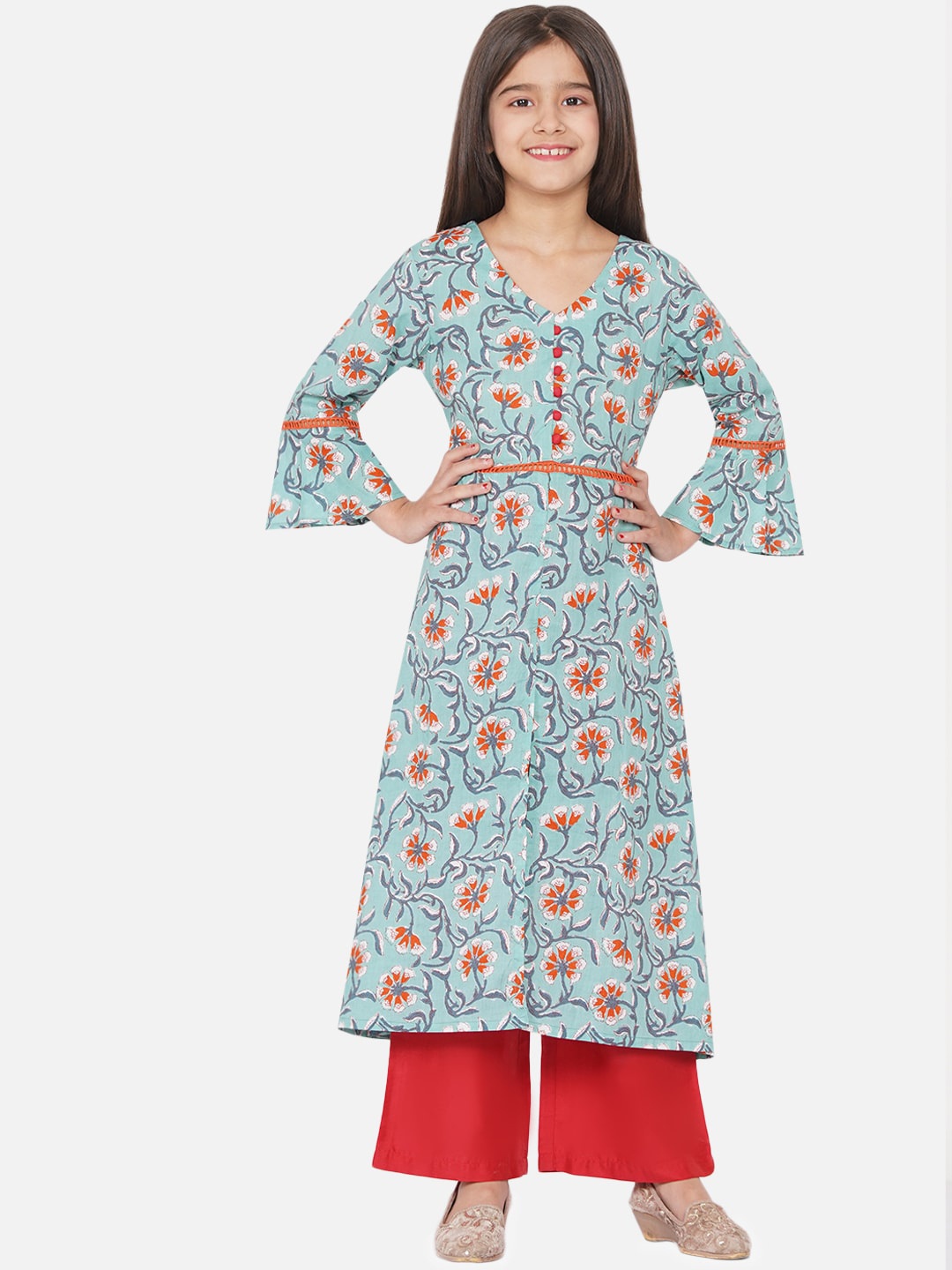 

titliyan Girls Green & Red Floral Printed Pure Cotton Kurta with Palazzos
