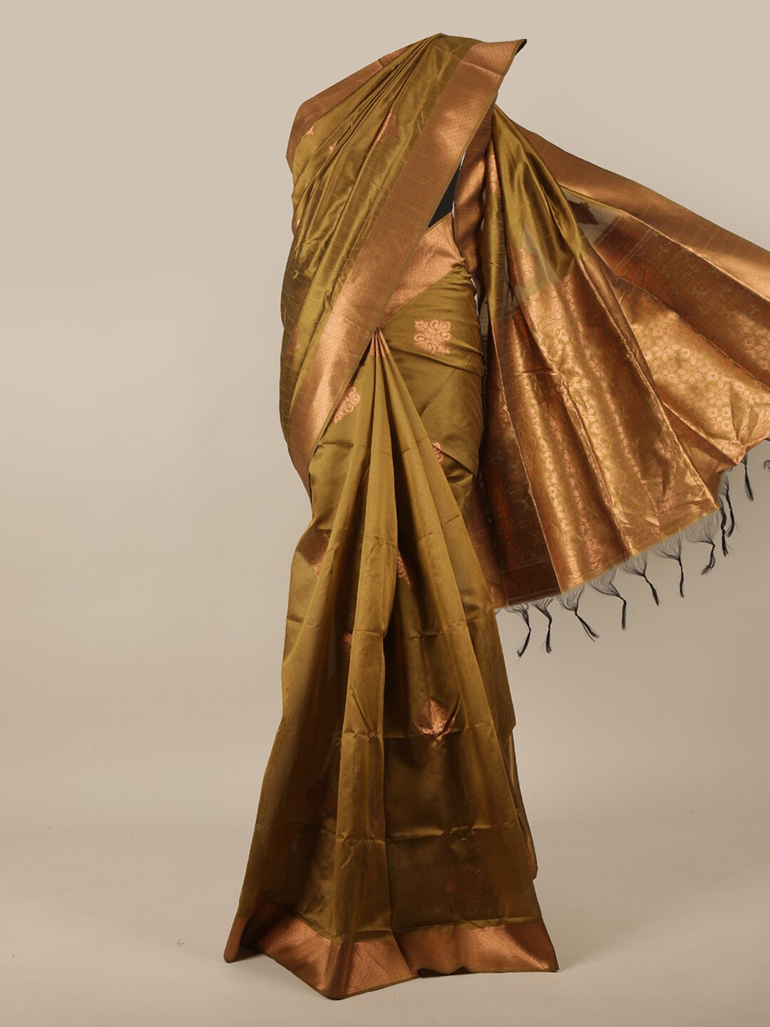 

Pothys Green & Copper-Toned Ethnic Motifs Zari Jute Silk Saree