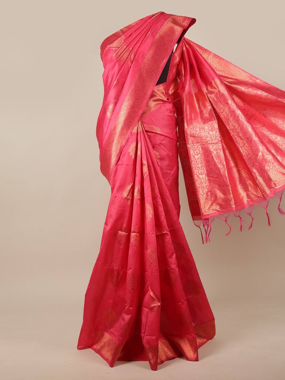 

Pothys Pink & Gold-Toned Woven Design Zari Jute Silk Saree