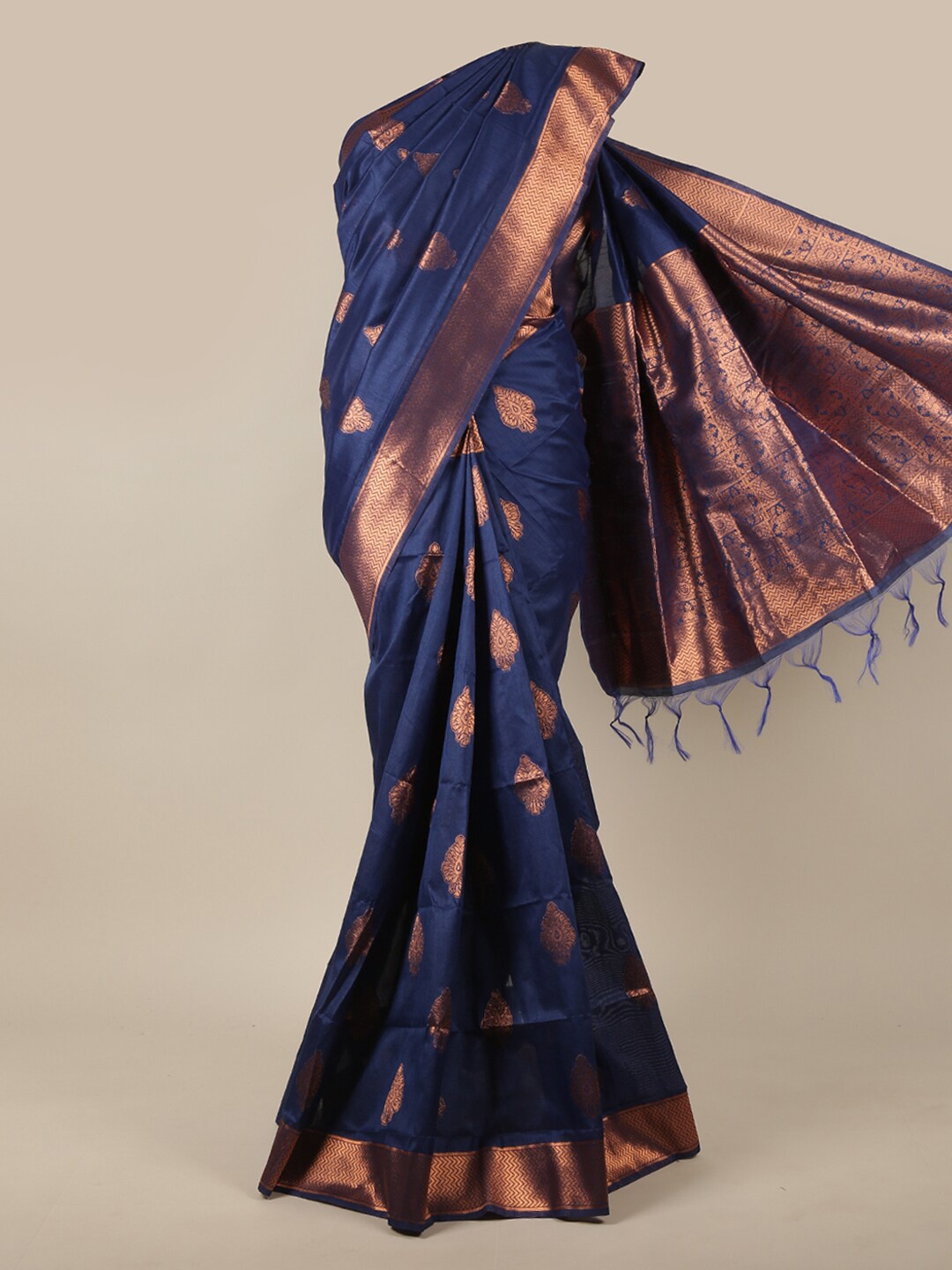 

Pothys Blue & Copper Toned Ethnic Motifs Woven Design Jute Silk Saree