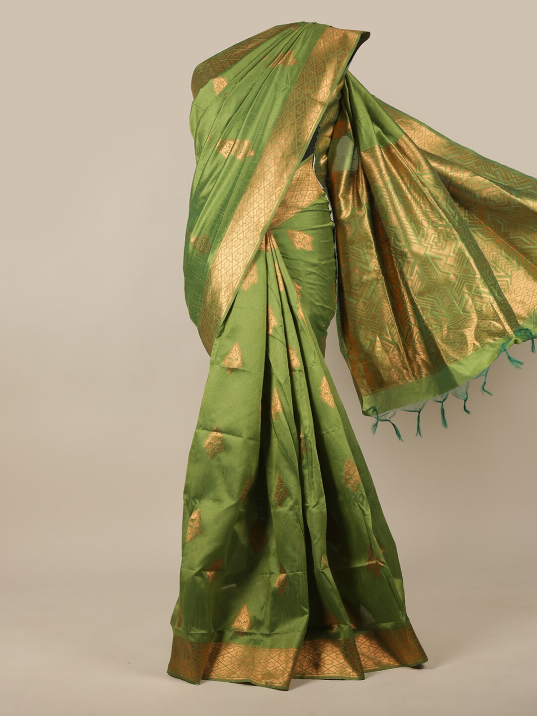 

Pothys Green & Gold-Toned Ethnic Motifs Zari Jute Silk Saree