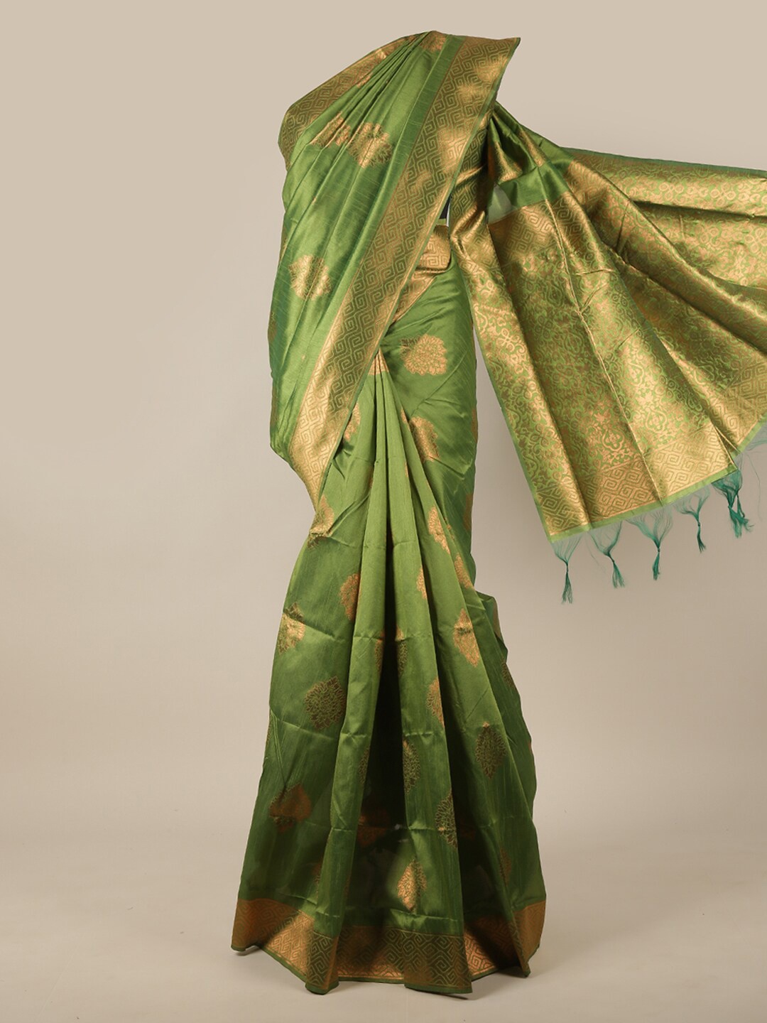 

Pothys Green & Gold-Toned Ethnic Motifs Zari Jute Silk Saree