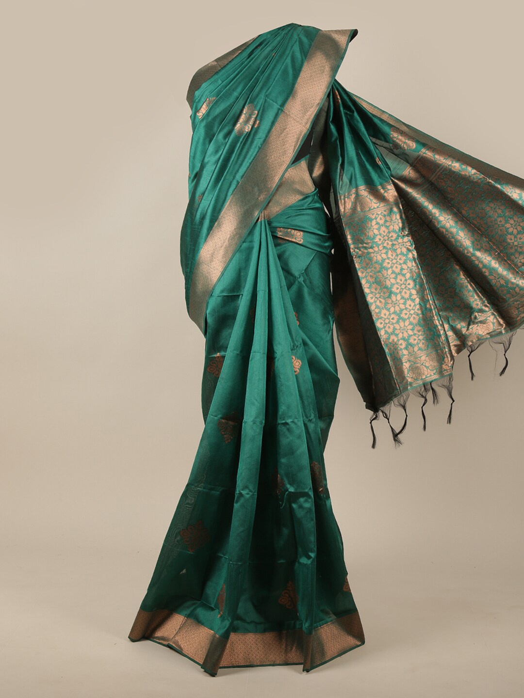 

Pothys Green & Copper-Toned Ethnic Motifs Zari Jute Silk Saree