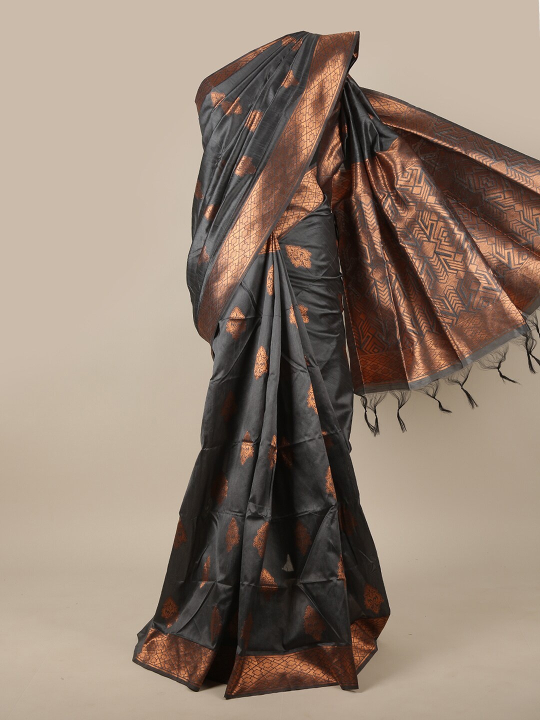 

Pothys Grey & Copper-Toned Ethnic Motifs Zari Jute Silk Saree