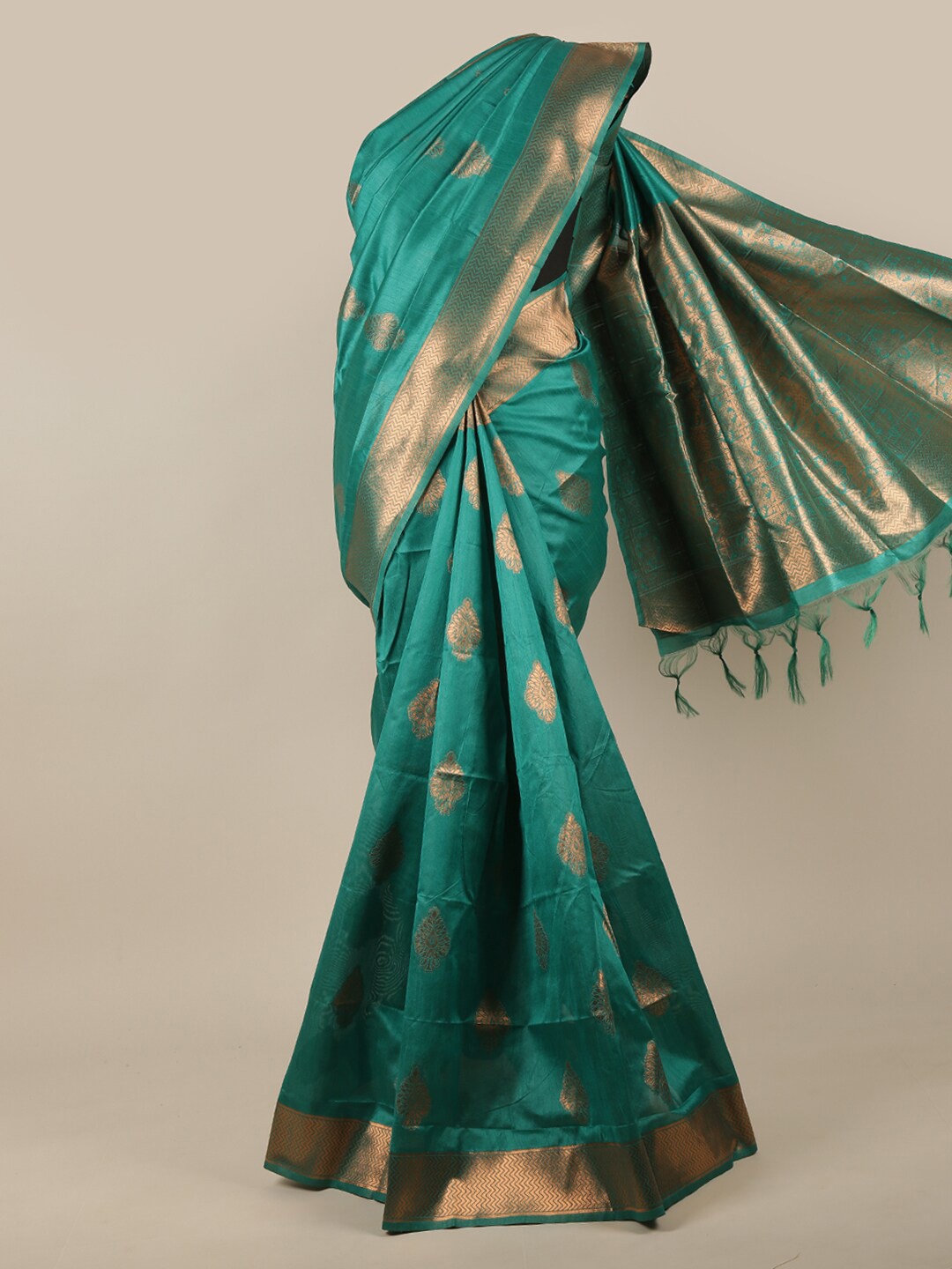 

Pothys Green & Copper-Toned Ethnic Motifs Zari Jute Silk Saree