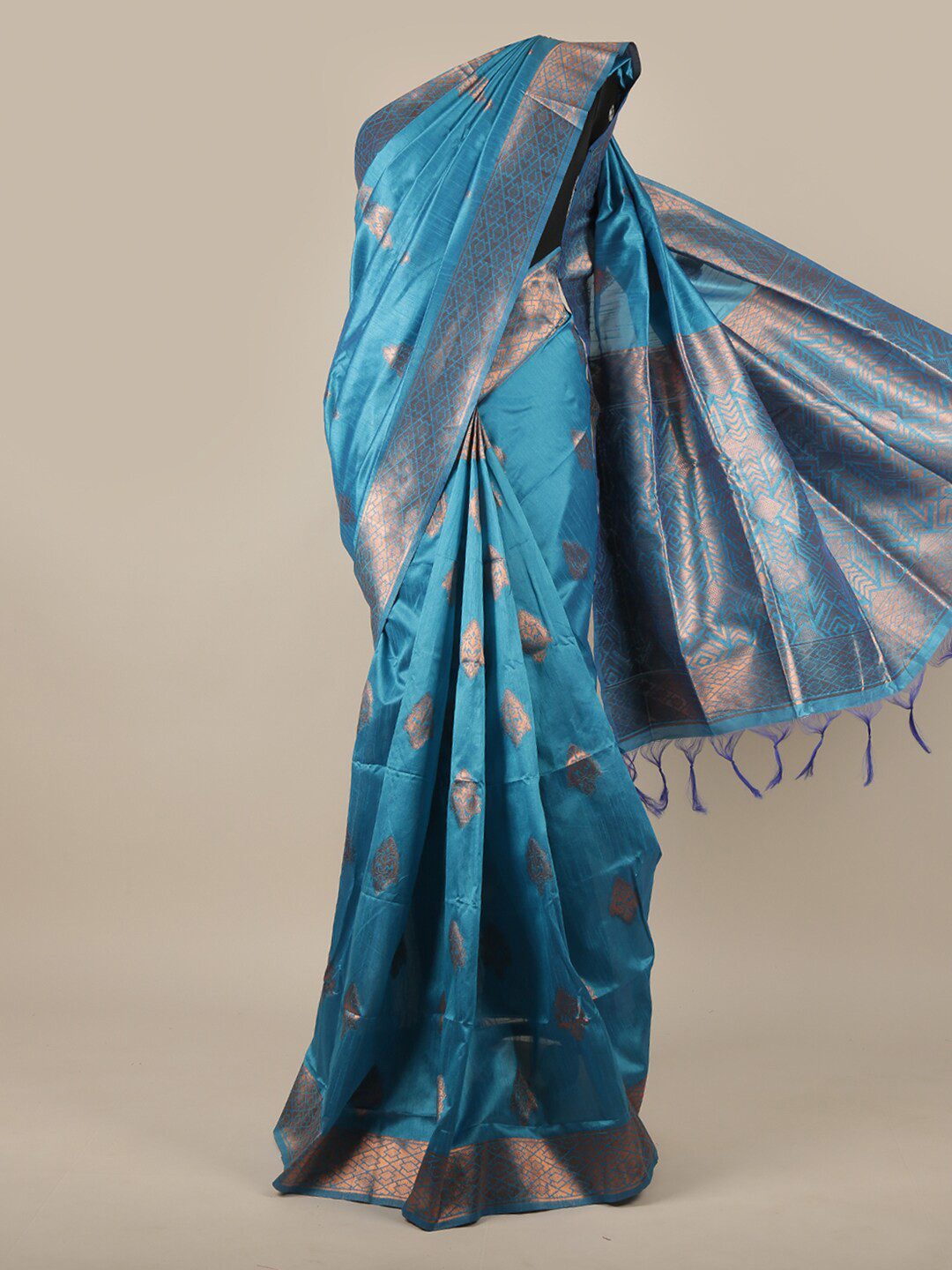 

Pothys Blue & Copper-Toned Woven Design Zari Jute Silk Saree
