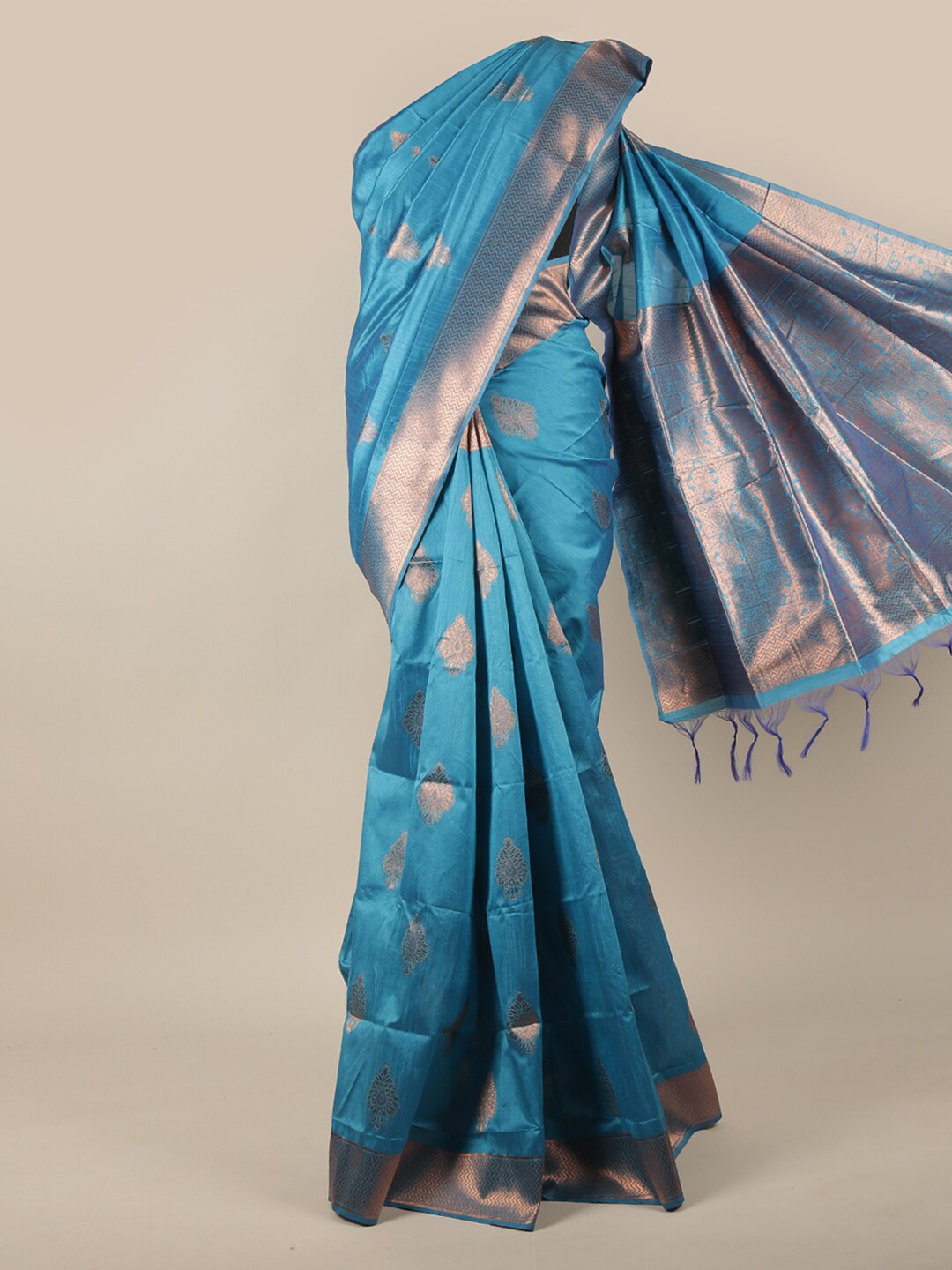 

Pothys Blue & Gold-Toned Woven Design Zari Jute Silk Saree