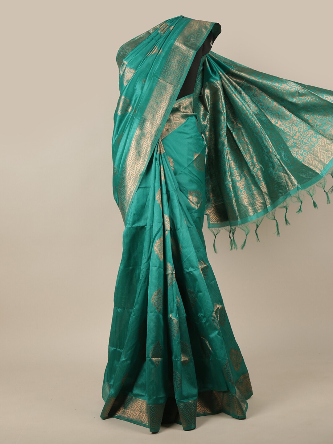 

Pothys Green & Gold Toned Woven Design Jute Silk Saree