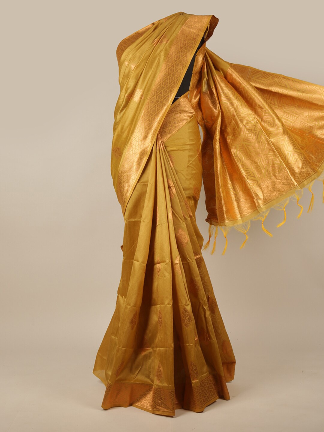 

Pothys Mustard & Gold-Toned Ethnic Motifs Zari Jute Silk Saree