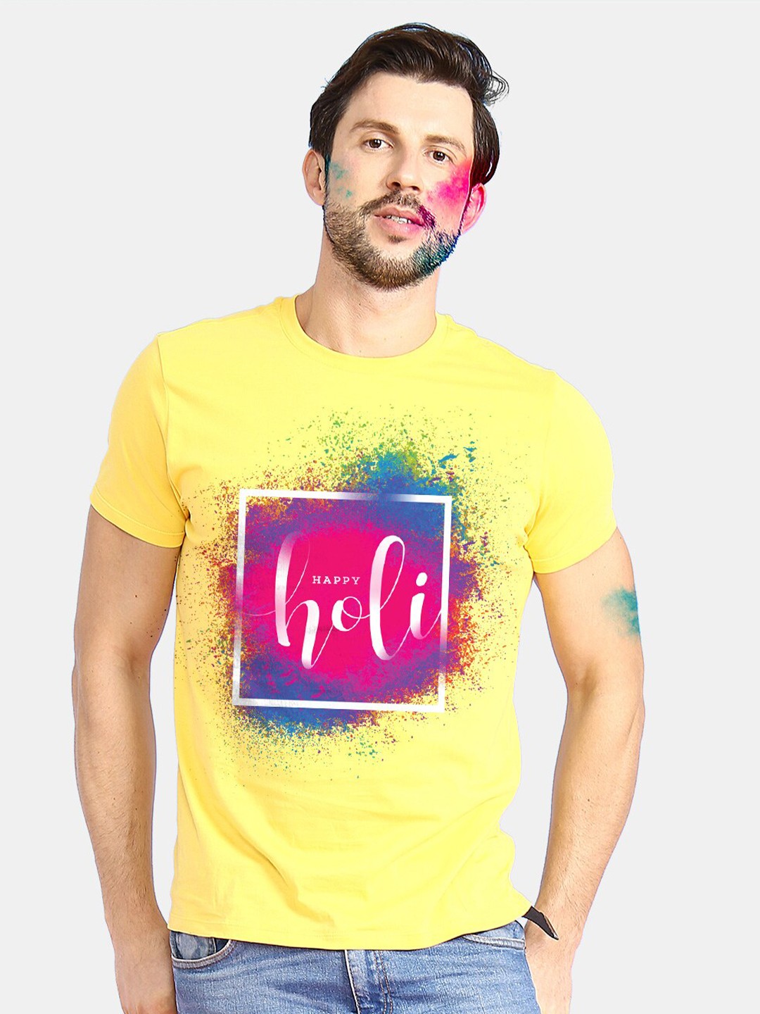 

BonOrganik Men Yellow Happy Holi Printed T-shirt