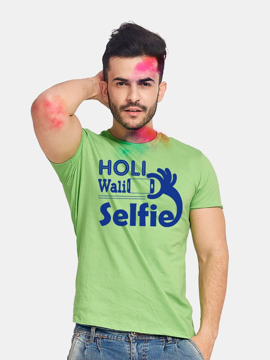 

BonOrganik Men Green & Blue Holi Wali Selfie Typography Printed T-shirt